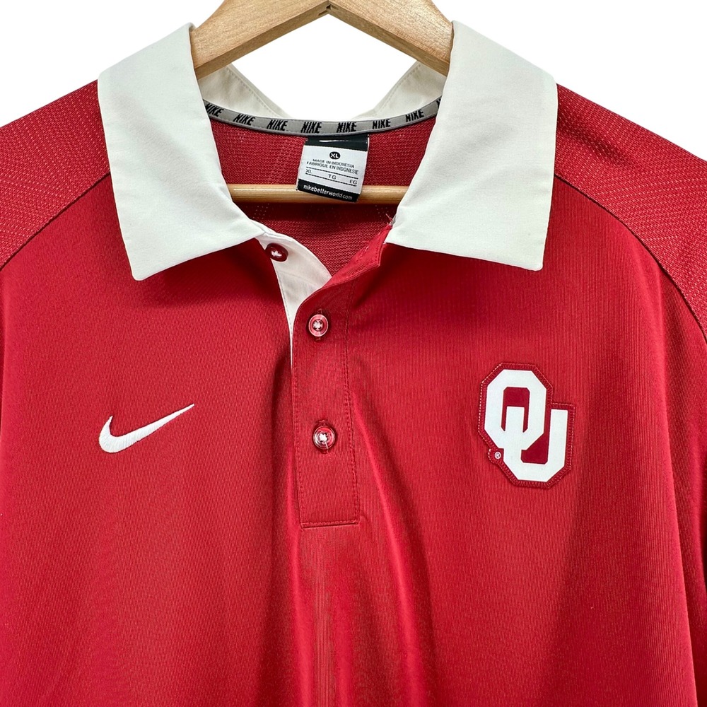 Nike Mens Oklahoma Sooners‎ Dri-FIT Polo Shirt Red White XL OU Logo NCAA Raglan